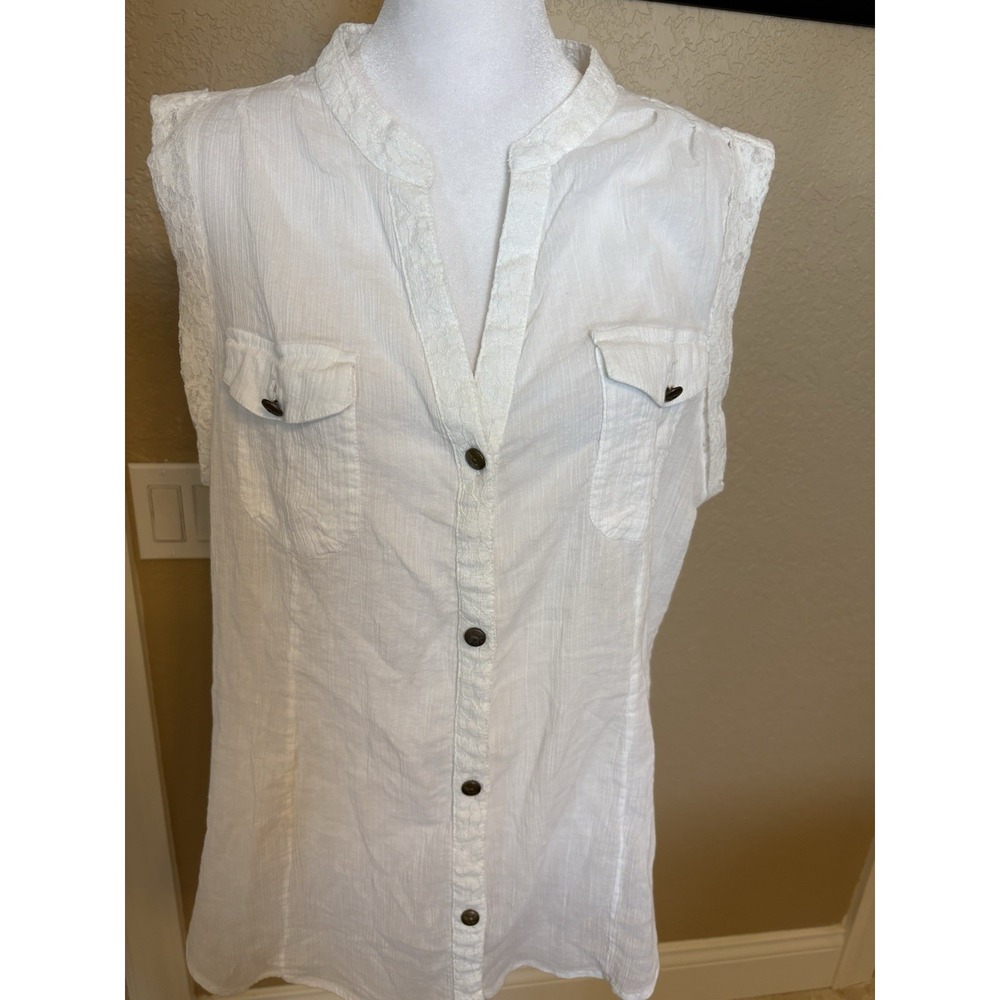 Live Life By Sanctuary Semi Sheer Lace Trim Gauzy Sleeveless Top, XL, White